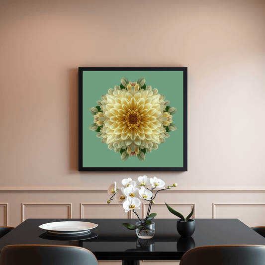 Minimalist green yellow botanical floral wall art print in dining room