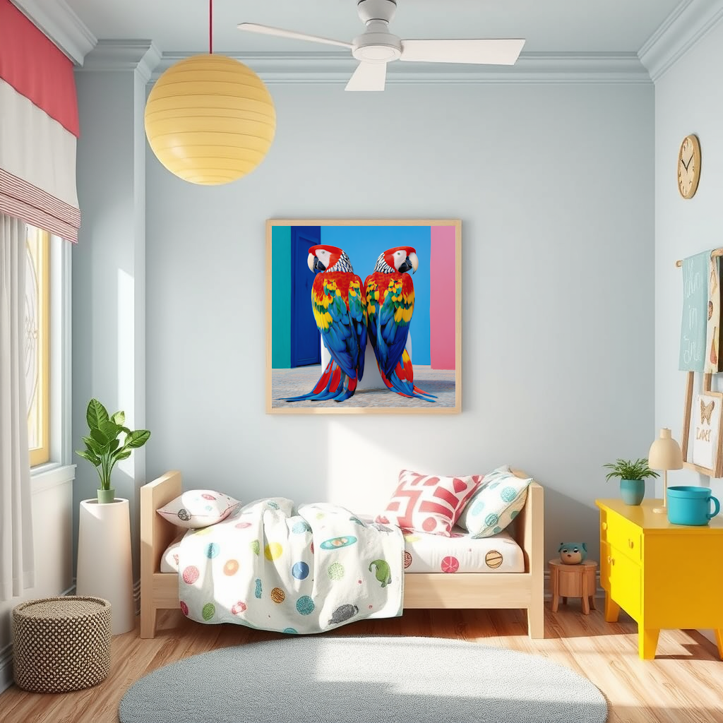 Children's room nursery with a Framed artwork Two colorful parrots in blue red and pink abstract wall art in vibrant geometric design, perfect for tropical-inspired décor.
