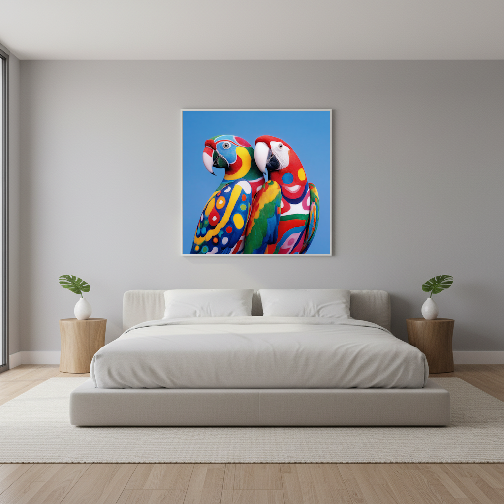Framed Two colorful parrots against a blue background Abstract wall art print poster featuring bold geometric style, ideal for modern interiors and home styling bedroom.