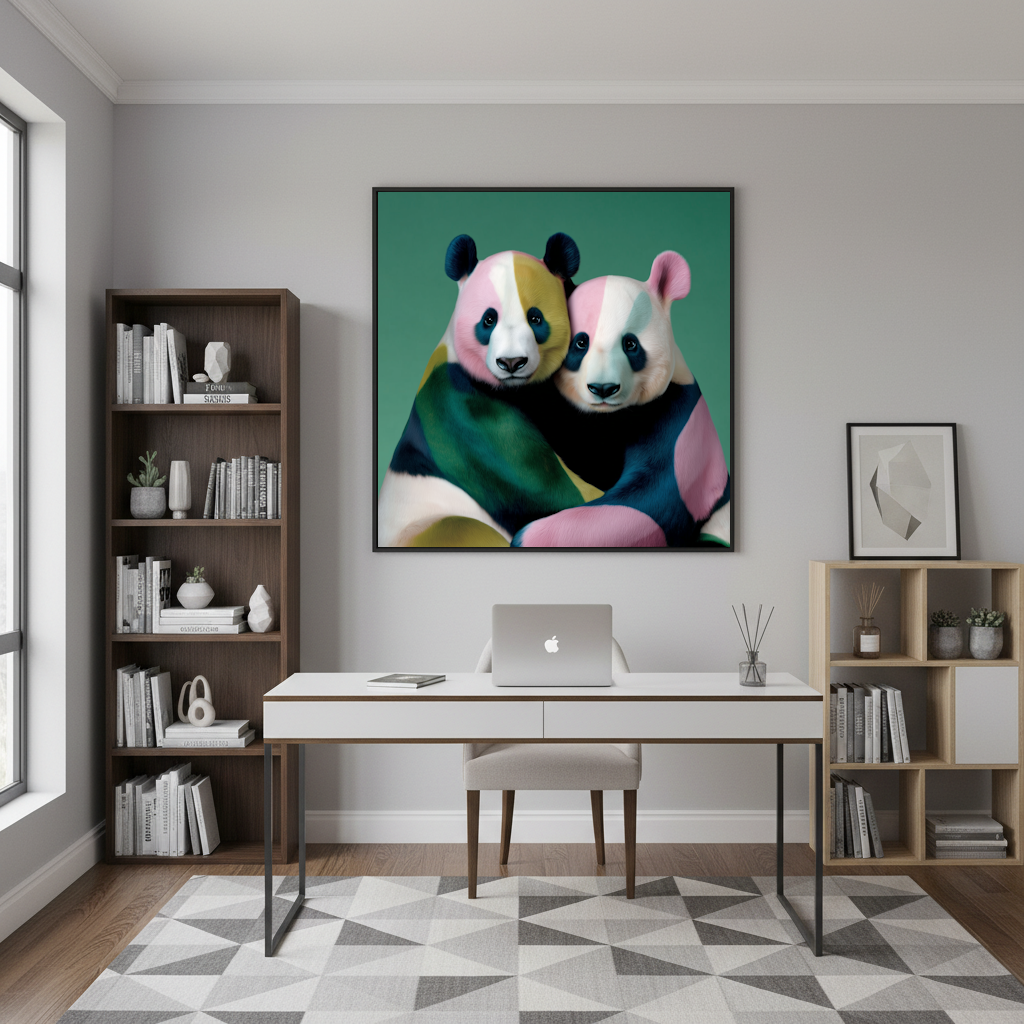 Modern panda abstract wall art featuring geometric colorful design for playful home décor office