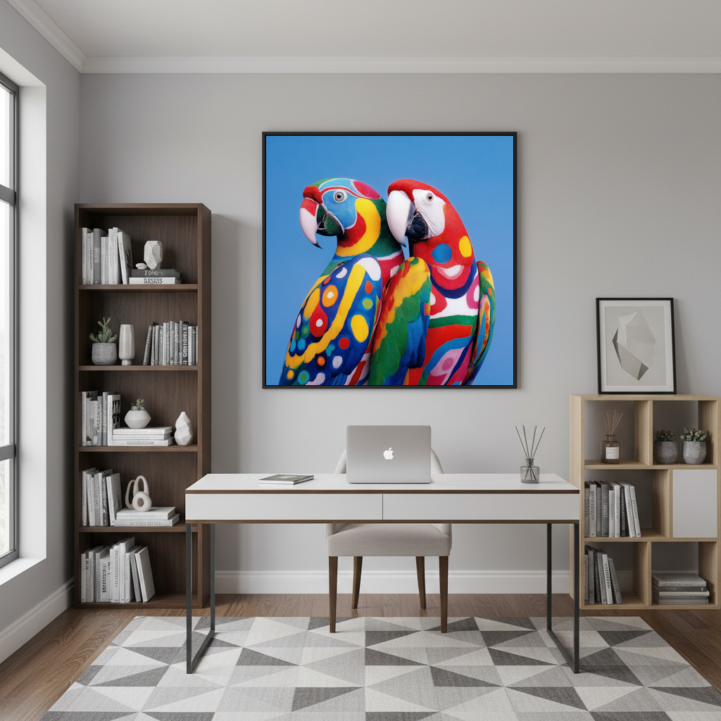 Two colorful parrots against a blue background Abstract wall art print poster featuring bold geometric style, ideal for modern interiors and home styling office .