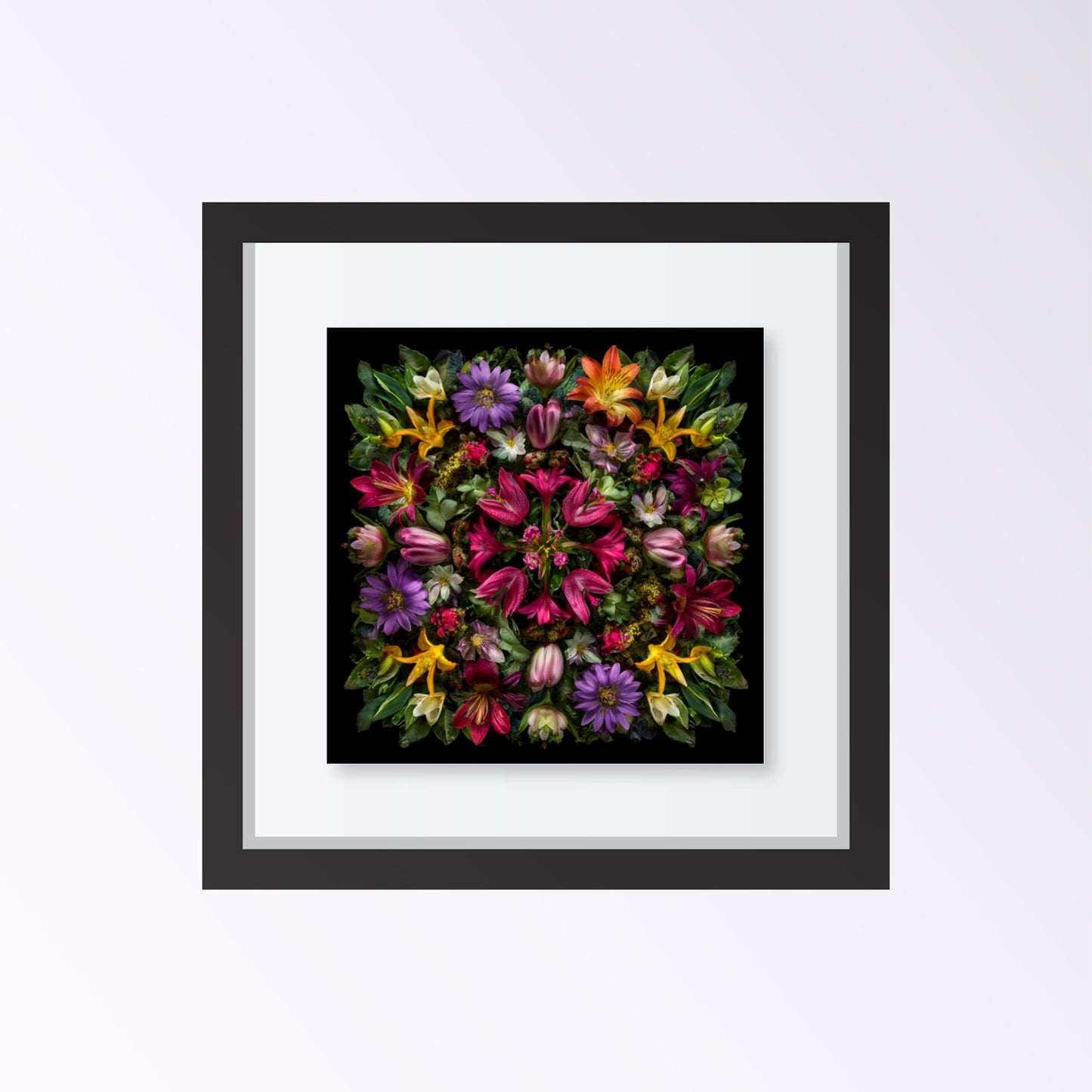 Botanical Symphony artwork – vivid tropical florals in kaleidoscopic design, dramatic wall art framed black