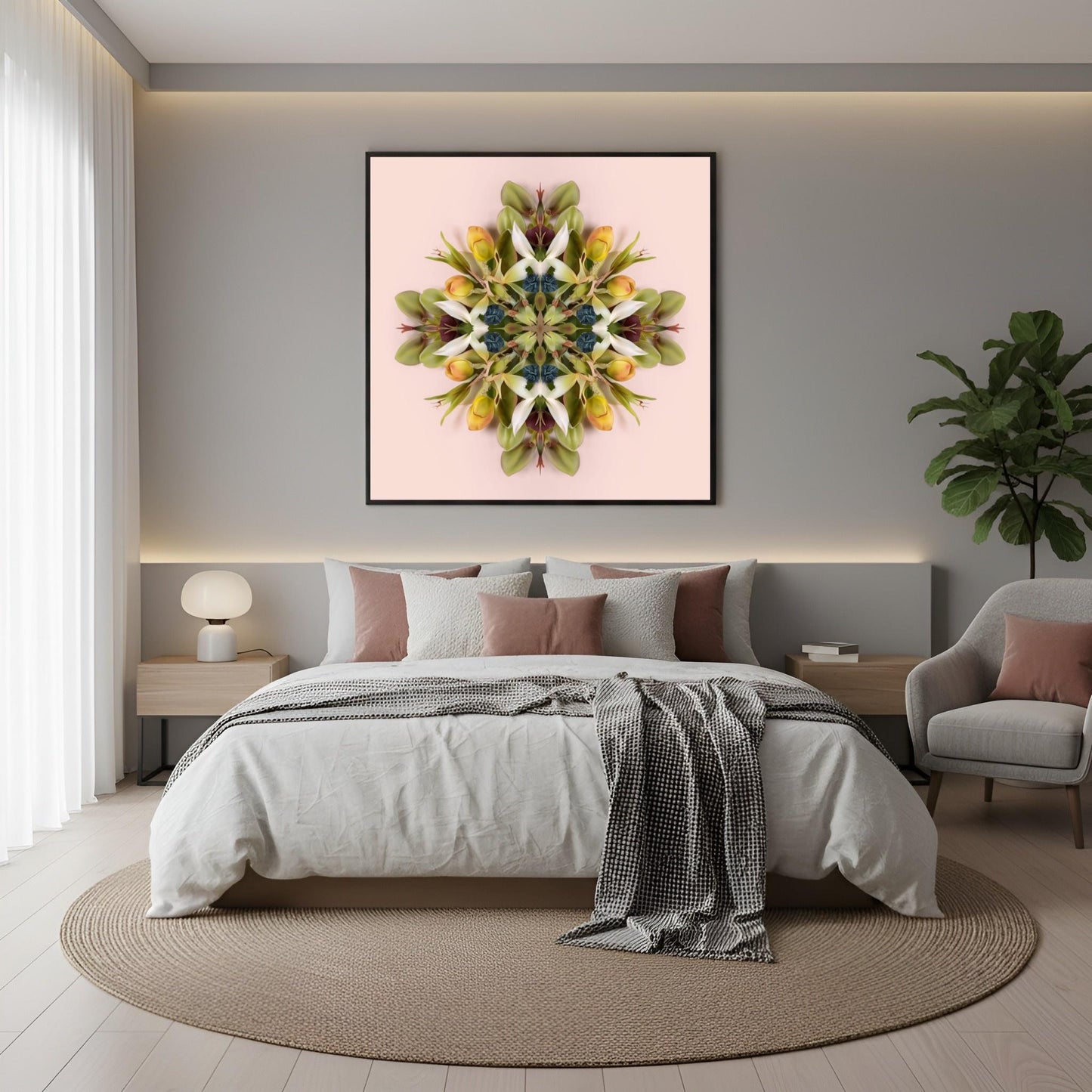Floral Mandala print – green and pink blooms arranged in a circular kaleidoscope, modern floral wall art in boho bedroom