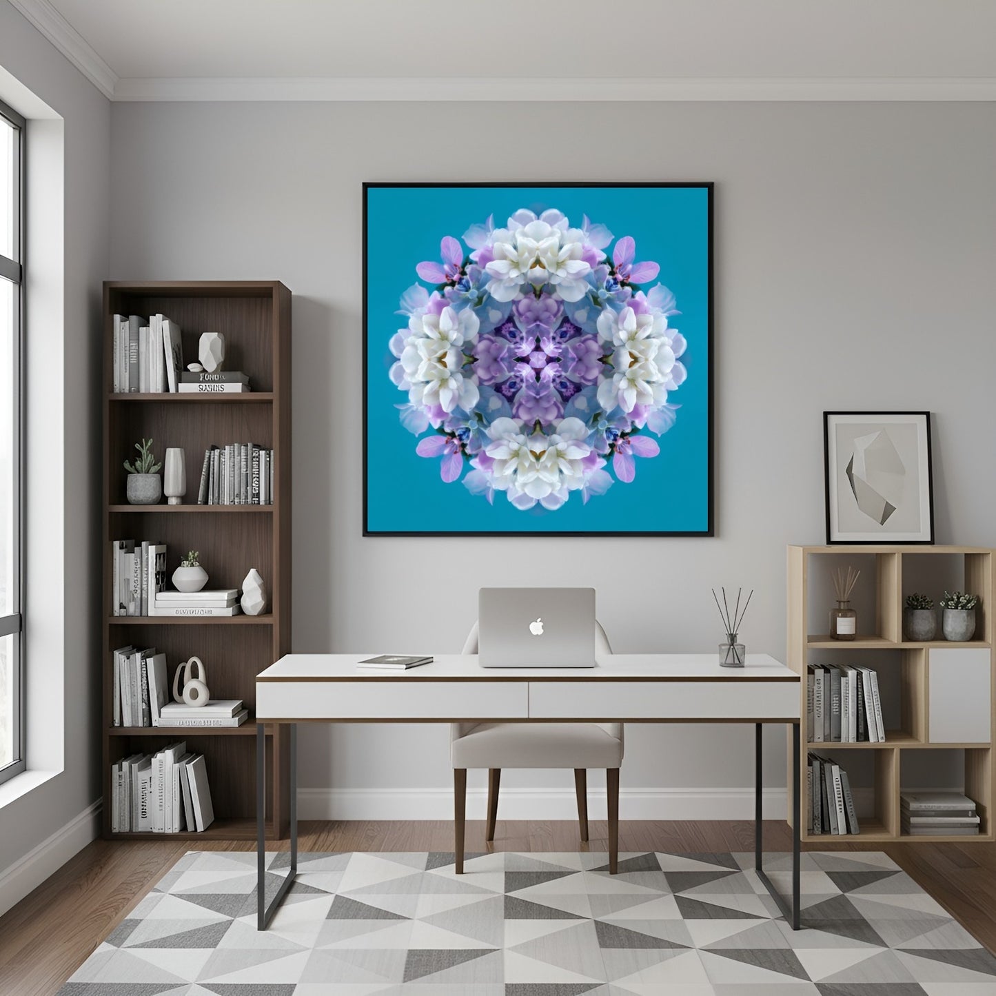 Serene Blooms print – lavender, aqua, and white hydrangea petals in symmetry, chic floral artwork in home office