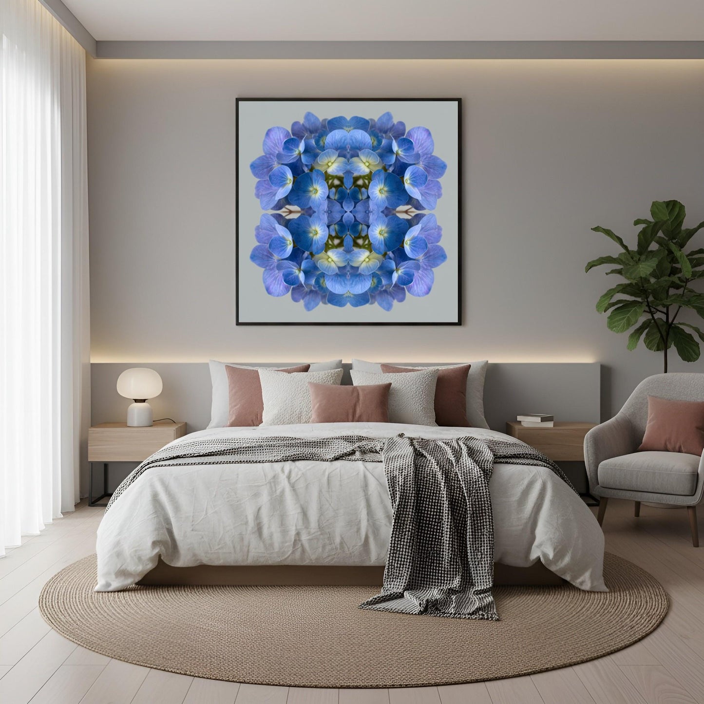 Blue Hydrangea print – vibrant blue petals mirrored in symmetry, stylish floral wall decor home wall decor in boho modern bedroom