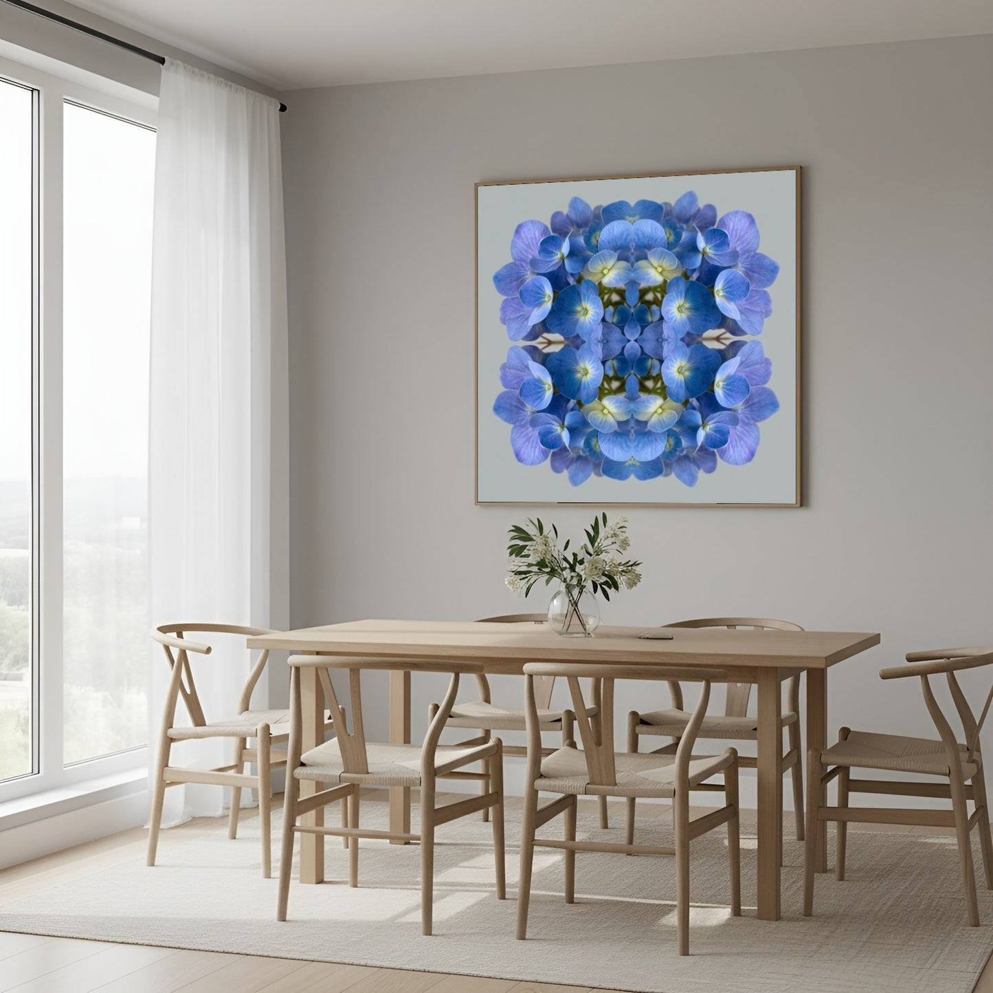 Blue Hydrangea print – vibrant blue petals mirrored in symmetry, stylish floral wall decor home wall decor in Scandinavian dining