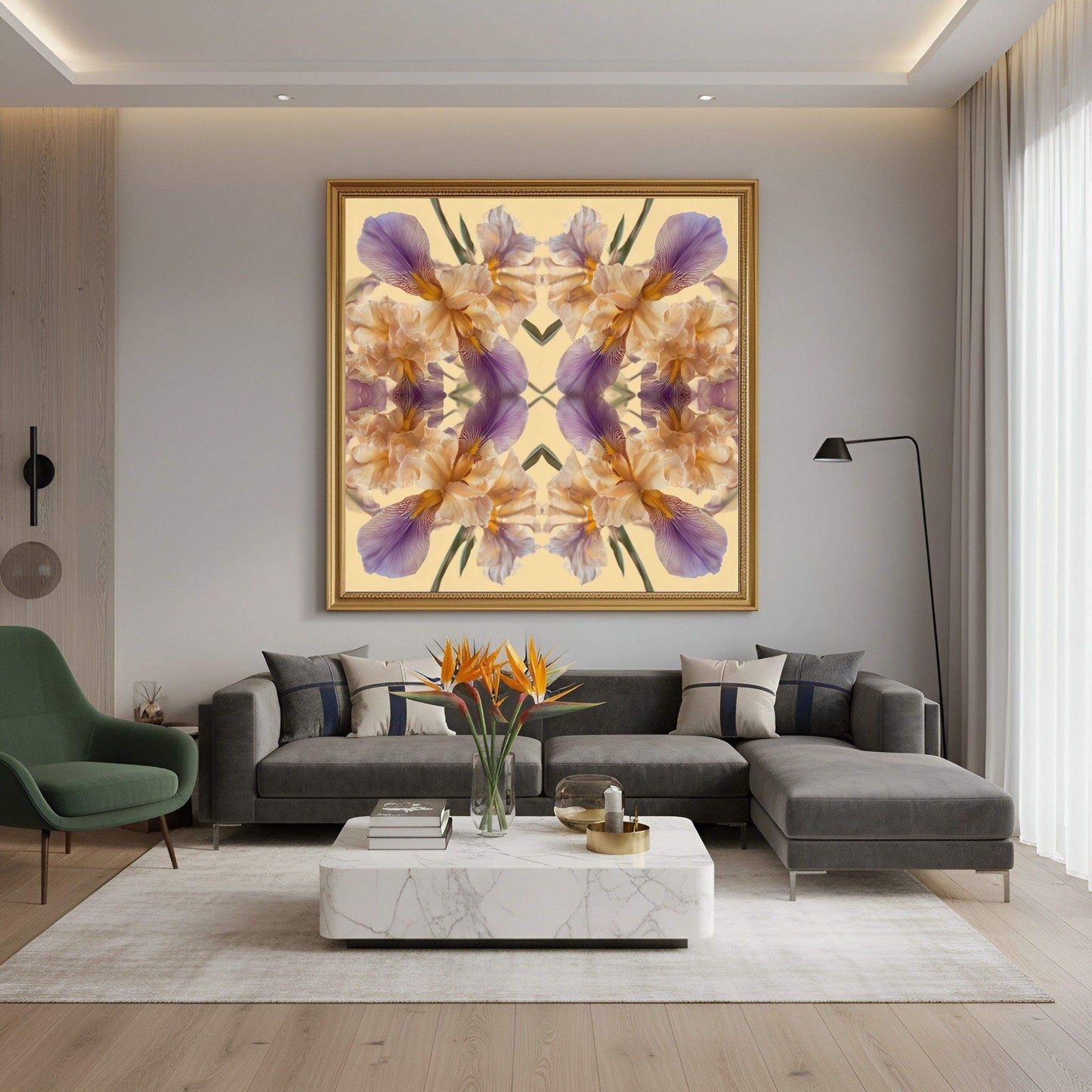 Mirrored Floral Cloud art print – golden and violet irises in kaleidoscopic symmetry, serene wall art in modern living