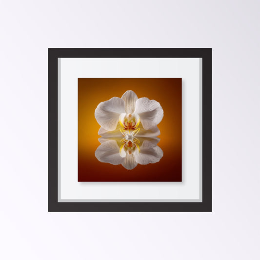 Elegant Orchid Bloom print – minimalist white orchid in balance, chic botanical artwork wall decor framed black