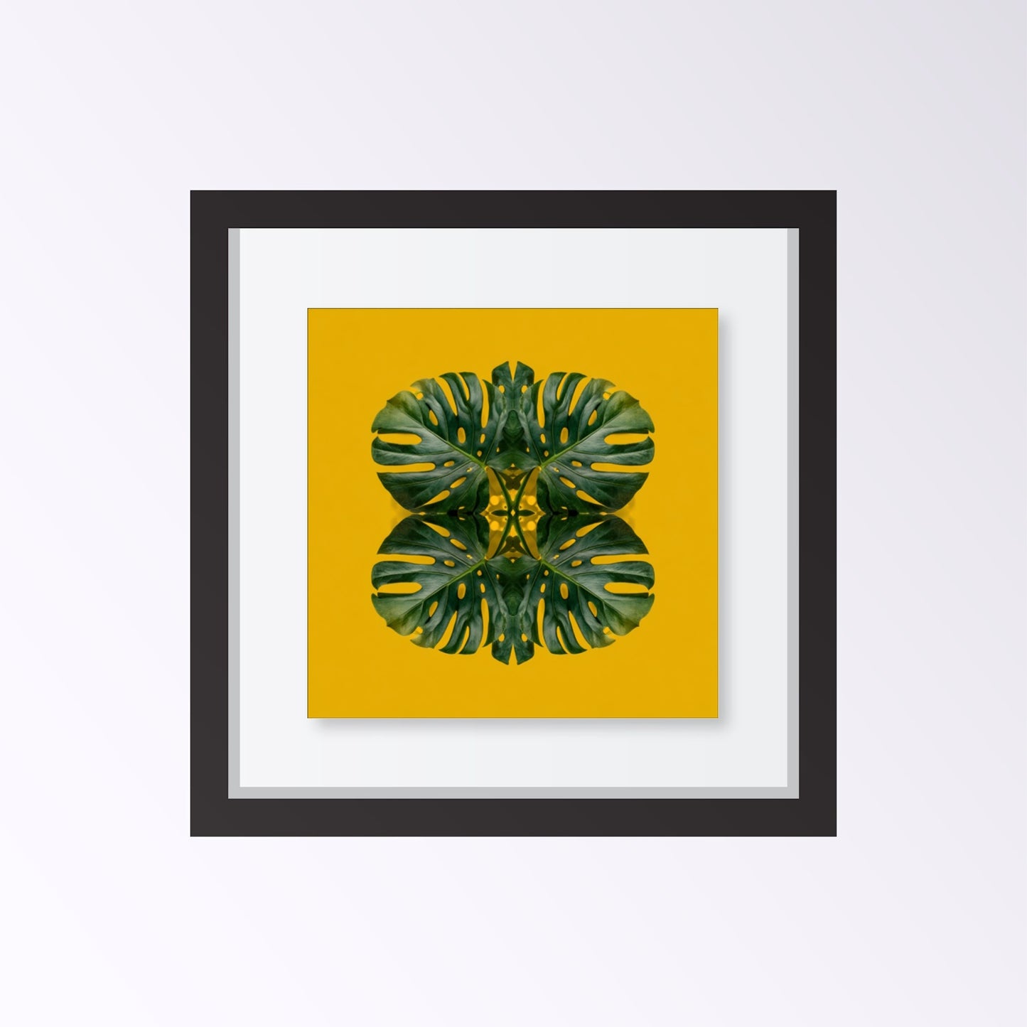 Monstera Jungle art print –yellow backdrop with green mirrored leaves, energizing tropical decor artwork framed black