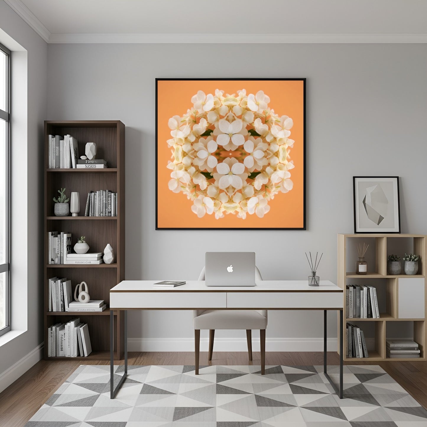 Soft Peach & Cream Blossom art print – delicate pastel petals in symmetry, romantic kaleidoscopic floral wall art in home office