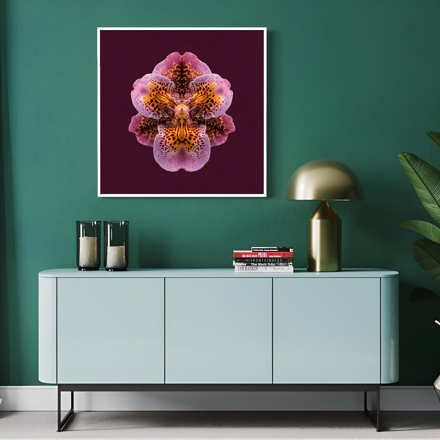 Orchid Rhapsody artwork – rich purple orchids in kaleidoscopic symmetry, luxurious floral art in modern hallway