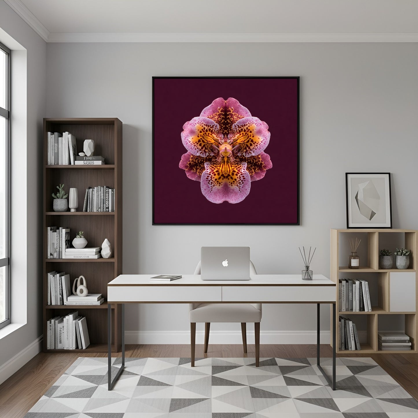 Orchid Rhapsody artwork – rich purple orchids in kaleidoscopic symmetry, luxurious floral art in home office