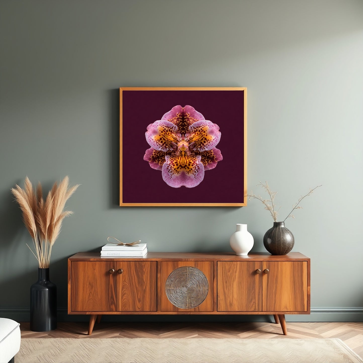 Orchid Rhapsody artwork – rich purple orchids in kaleidoscopic symmetry, luxurious floral art in living room