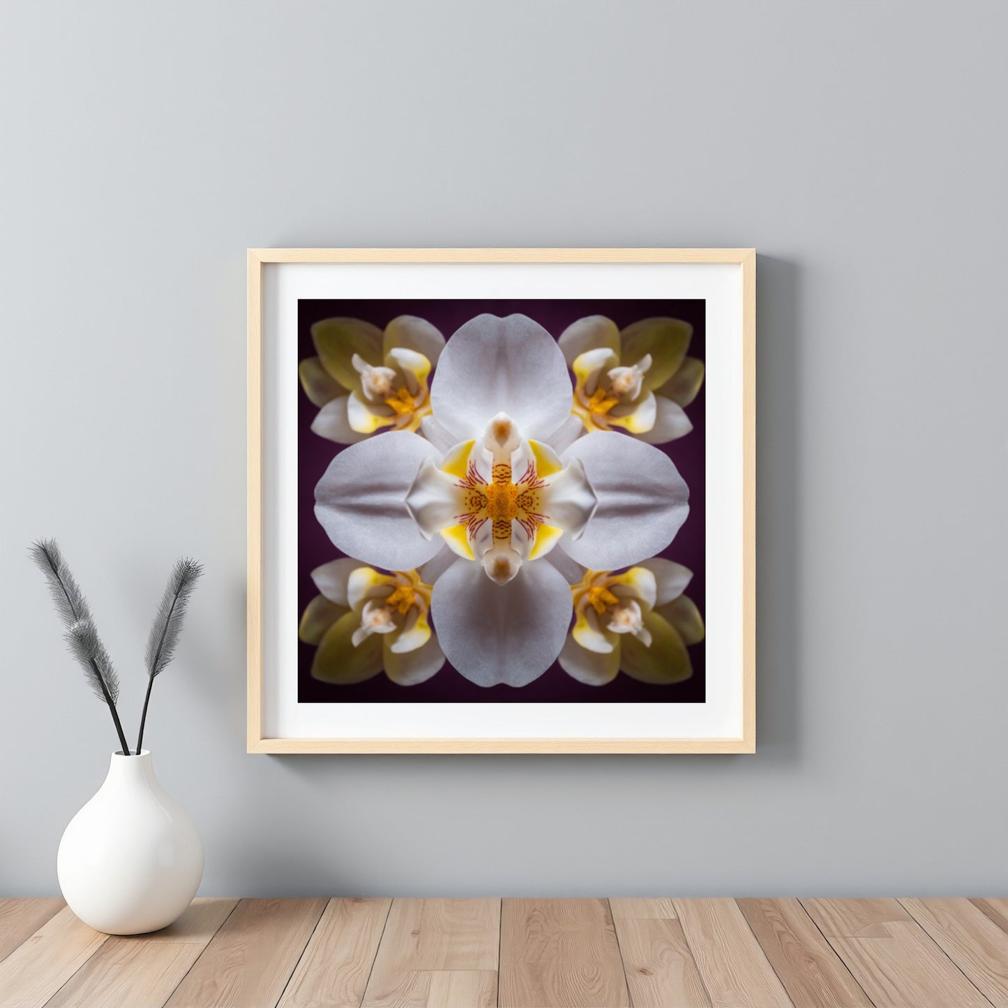 Orchid Bloom art print with graceful blossoms in mirrored harmony, a botanical wall decor framed white