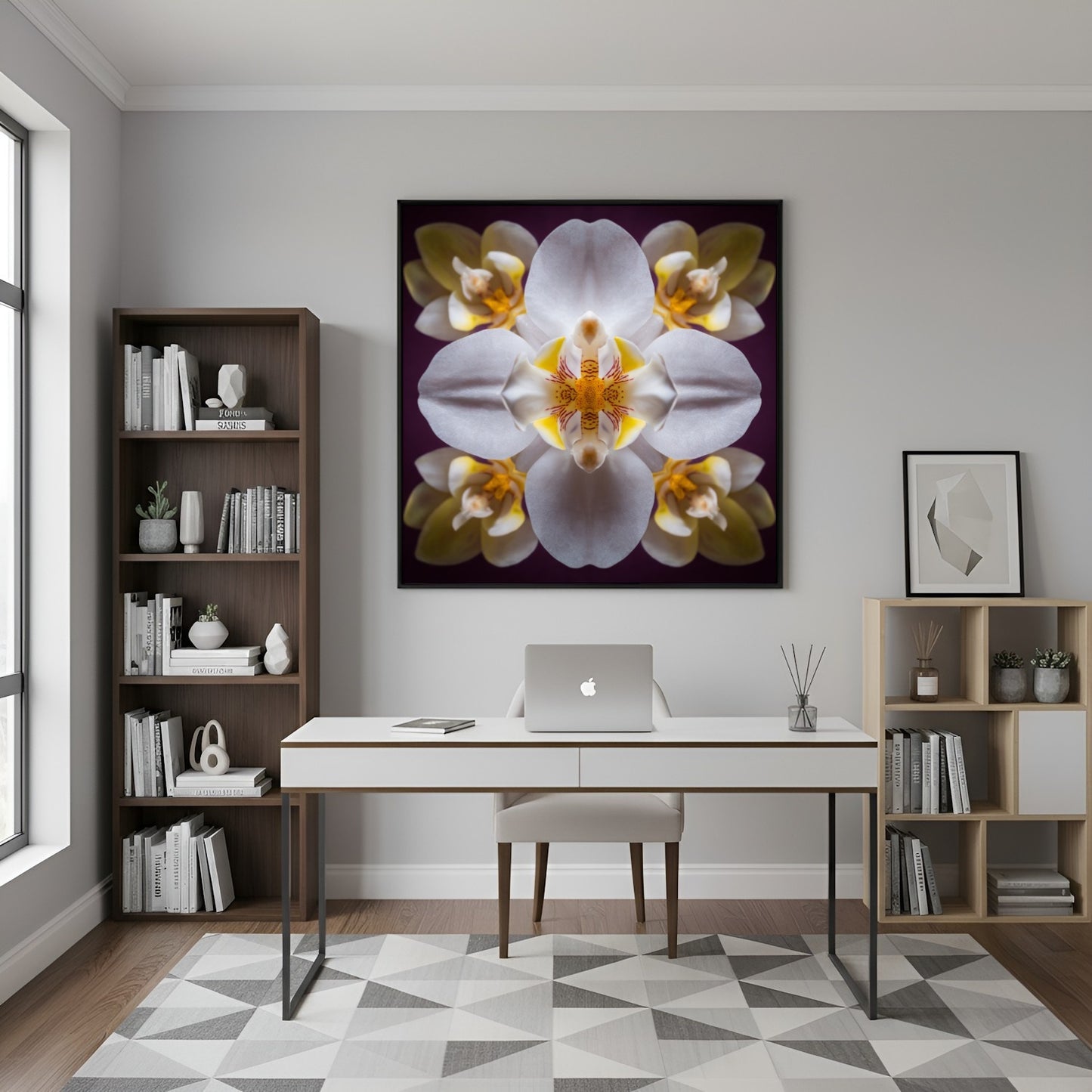 Orchid Bloom art print with graceful blossoms in mirrored harmony, a botanical wall decor in home office