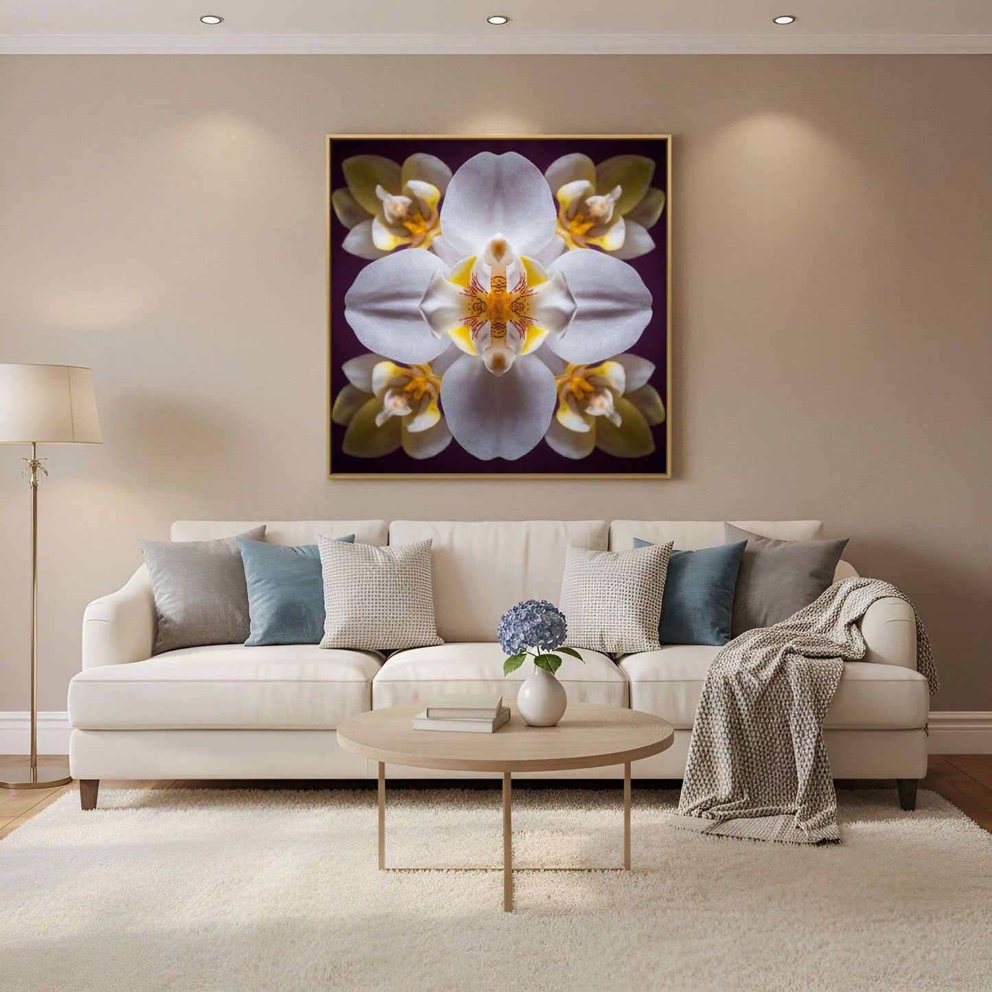 Orchid Bloom art print with graceful blossoms in mirrored harmony, a botanical wall decor in Scandinavian living room