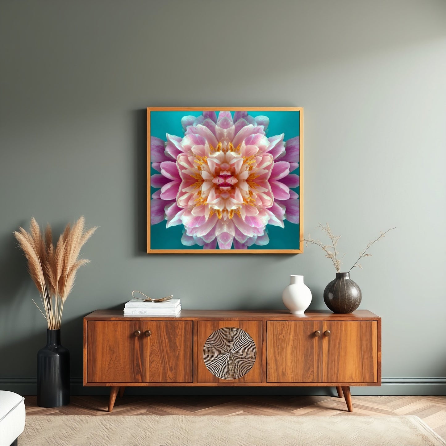 Peony in Aqua print – bold pink peonies on turquoise backdrop, striking floral artwork in living room