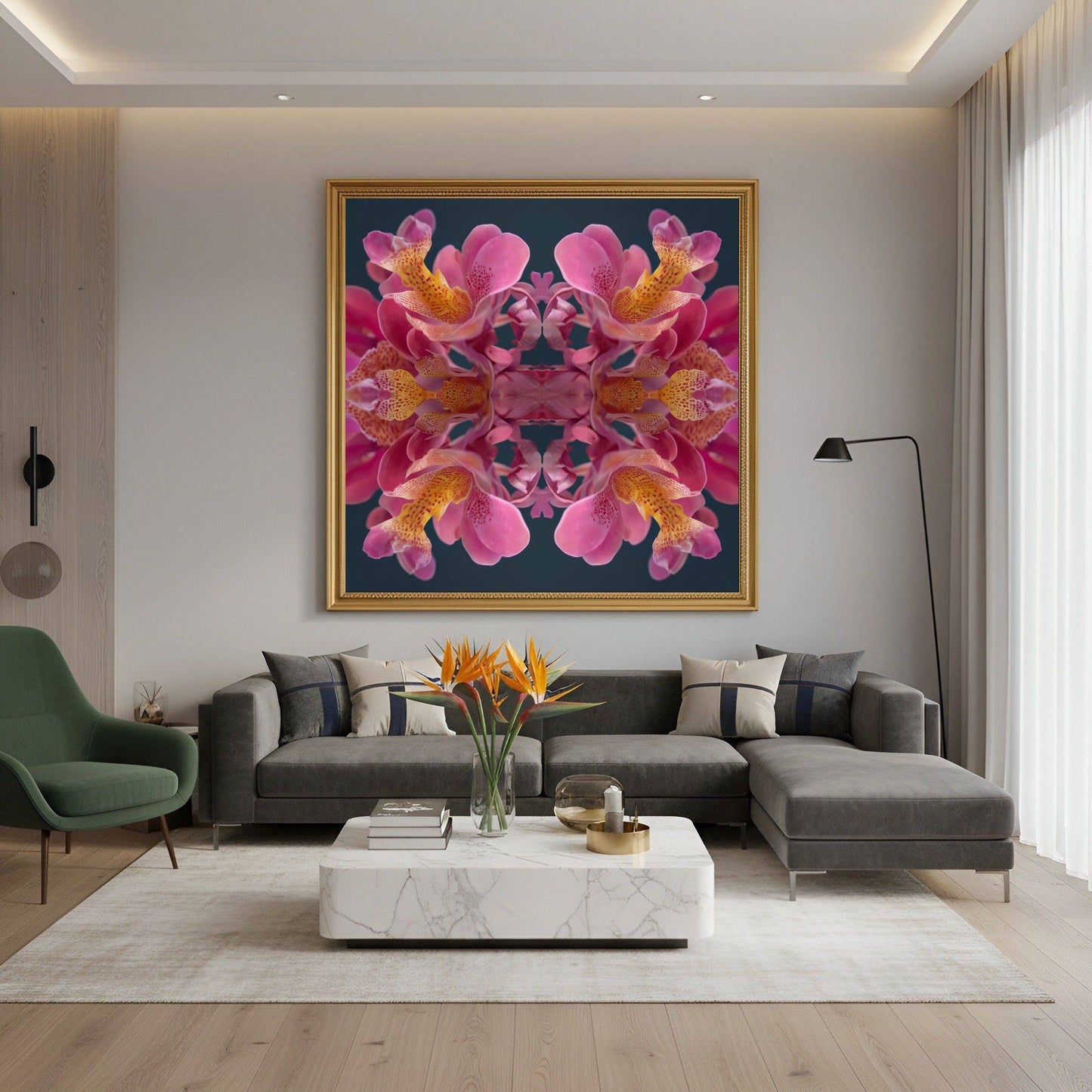 Pink Orchid Reflection print – lush magenta orchid blossoms mirrored in bold symmetry, tropical floral art in modern living