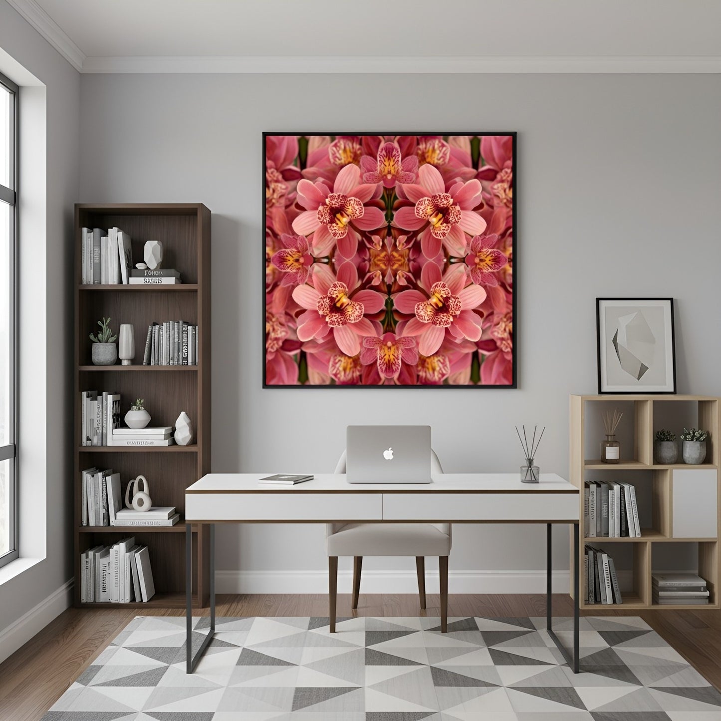 Floral Reflection orchid wall art print with mirrored botanical design, geometric symmetry, modern and minimalist décor in home office