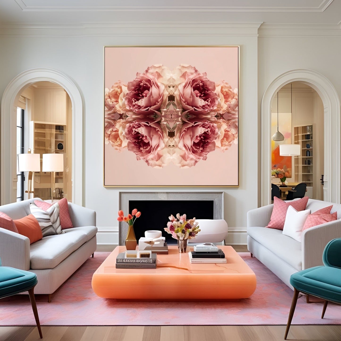 Rose Reflection art print with mirrored blush roses, modern botanical wall decor in eclectic lounge