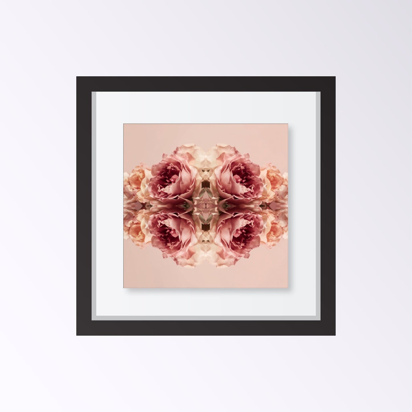 Rose Reflection art print with mirrored blush roses, modern botanical wall decor framed black