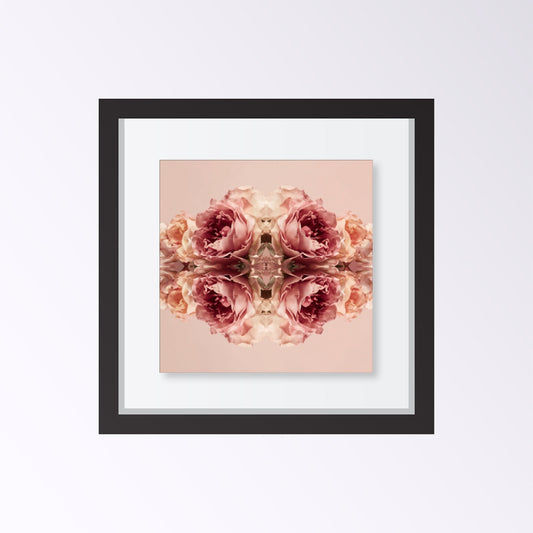 Rose Reflection art print with mirrored blush roses, modern botanical wall decor framed black