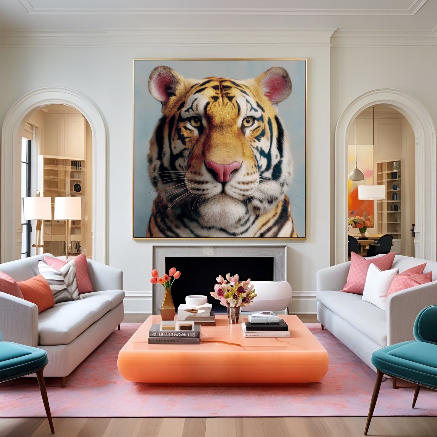 Tiger portrait pastel wall art print — bold safari wildlife artwork in soft pastel tones in eclectic lounge