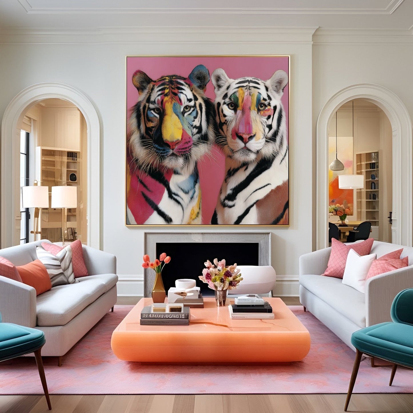 Twin tigers modern wall art print — symmetrical safari wildlife artwork with pastel floral accents eclectic lounge