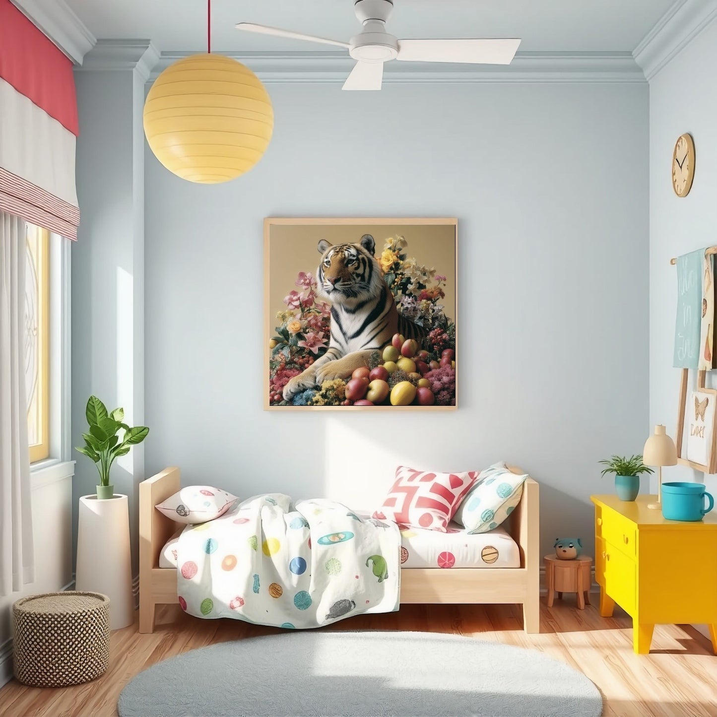 Tiger with fruits modern wall art print — pastel safari wildlife artwork with botanical and fruit accents close up nursery or kids room