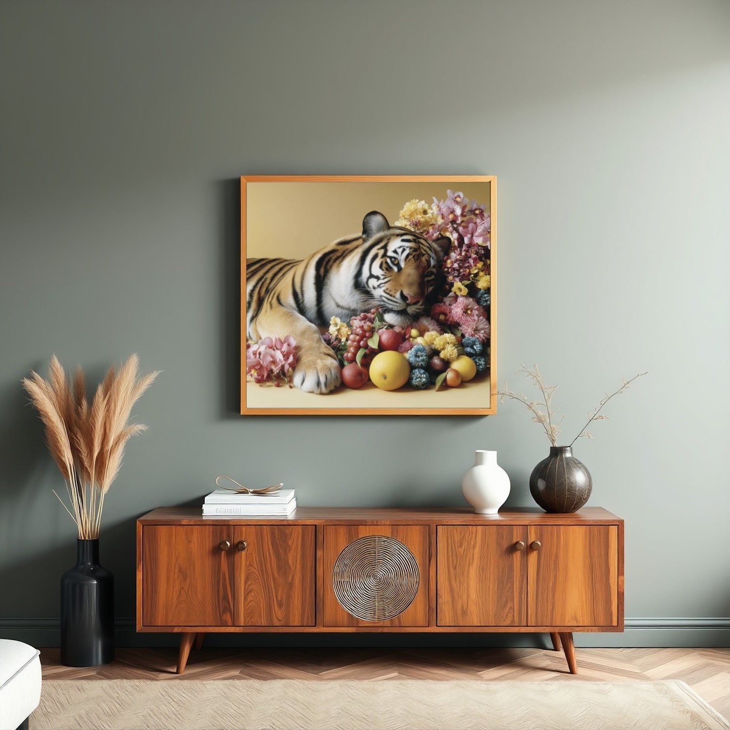 Resting tiger pastel wall art print — calm safari animal artwork blending wildlife strength and floral details in living room
