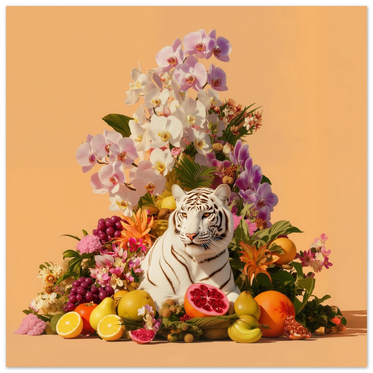 Tiger in orchids modern abstract wall art print — safari wildlife artwork with pastel botanical design close up
