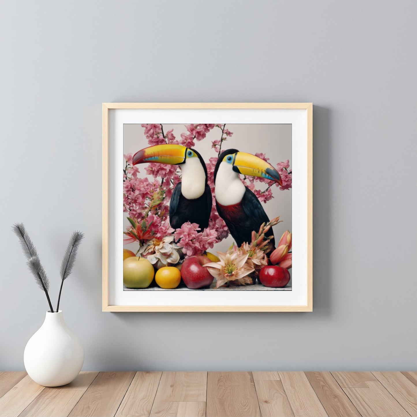 Tropical toucans pastel wall art print — colorful bird artwork with exotic botanical-inspired design for dining rooms and kitchens framed white