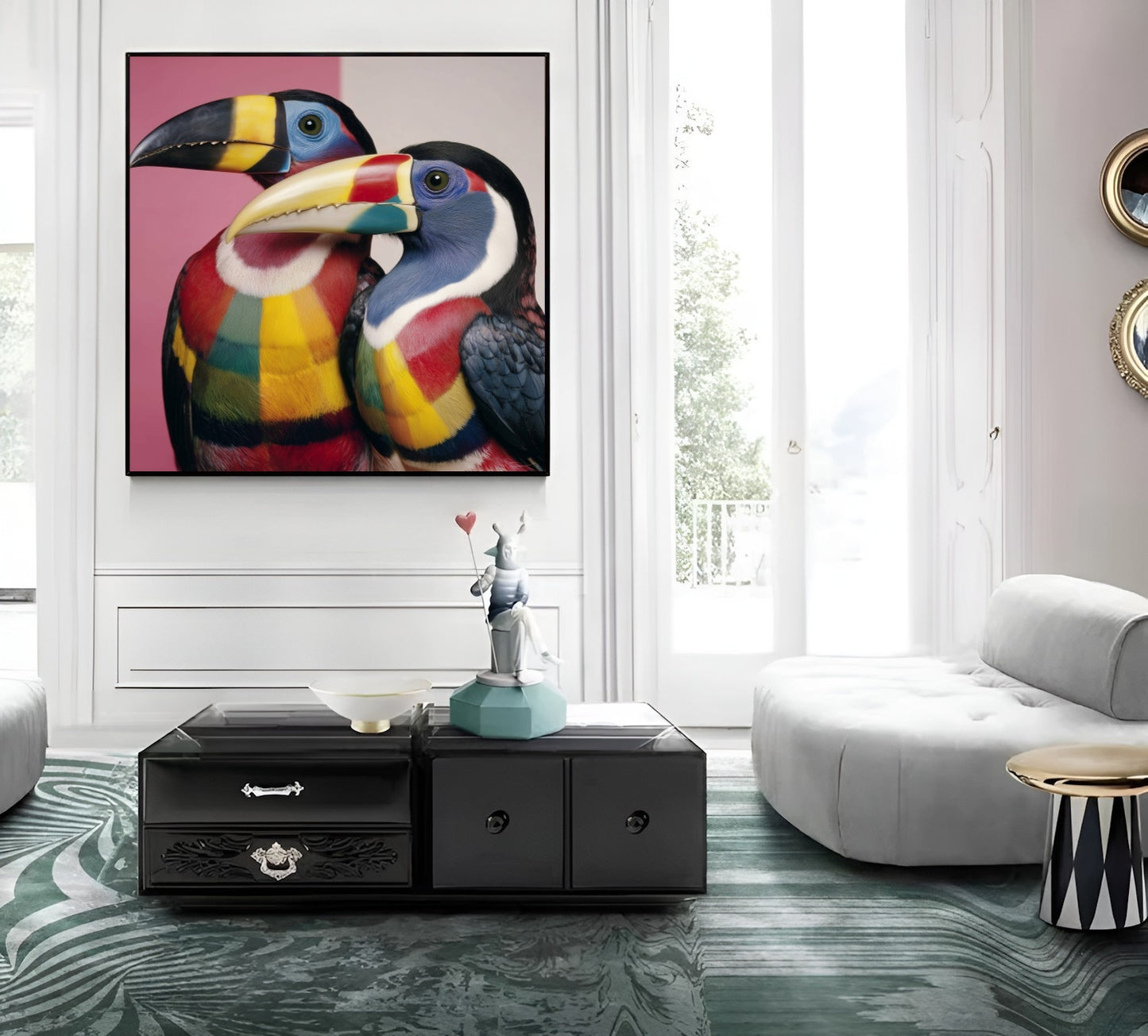 Colorful toucans pastel wall art print — tropical bird artwork with vivid tones and modern design in contemporary living room