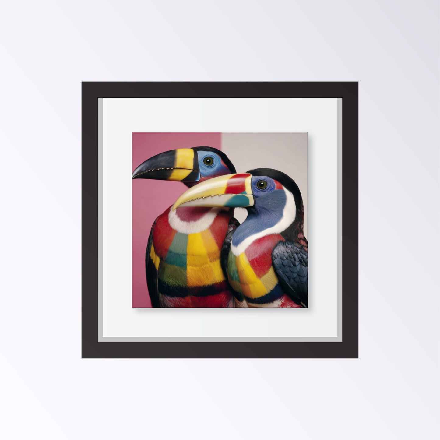 Colorful toucans pastel wall art print — tropical bird artwork with vivid tones and modern design Colorful toucans pastel wall art print — tropical bird artwork with vivid tones and modern framed design black