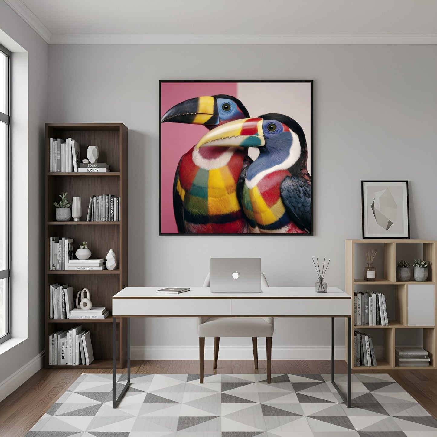 Colorful toucans pastel wall art print — tropical bird artwork with vivid tones and modern design in home office
