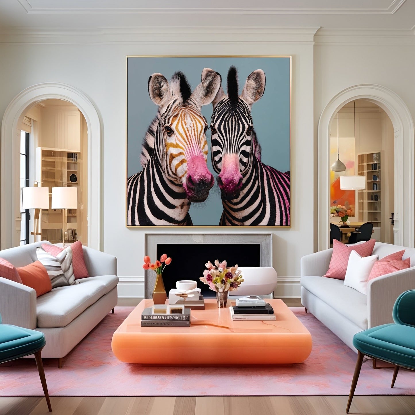Twin zebras mirrored pastel wall art print — symmetrical safari animal artwork with bold pastel tones in eclectic lounge