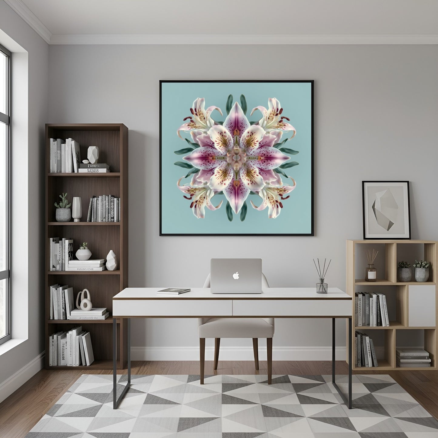 Lily Bloom wall art featuring radiant pink lilies in symmetry, perfect floral decor for Home Styling in home office