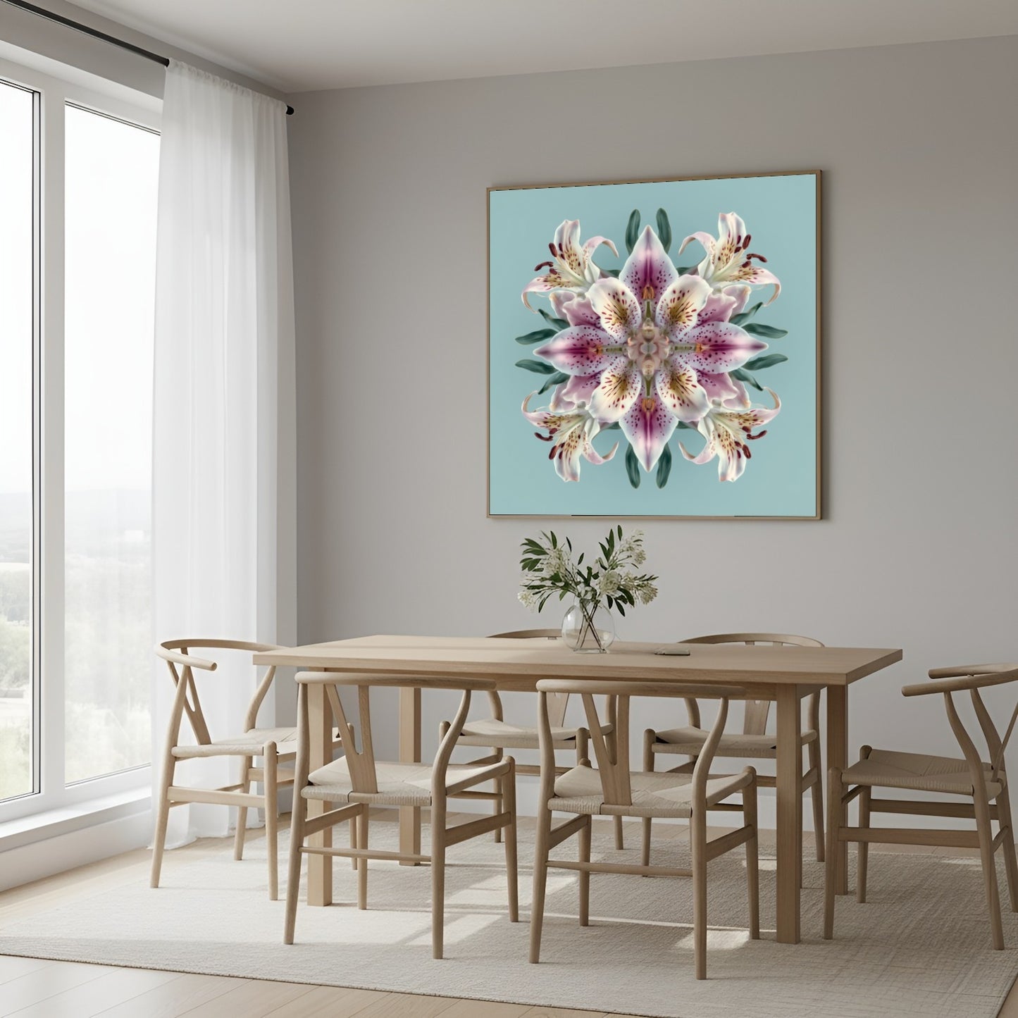Lily Bloom wall art featuring radiant pink lilies in symmetry, perfect floral decor for Home Styling in Scandinavian dining