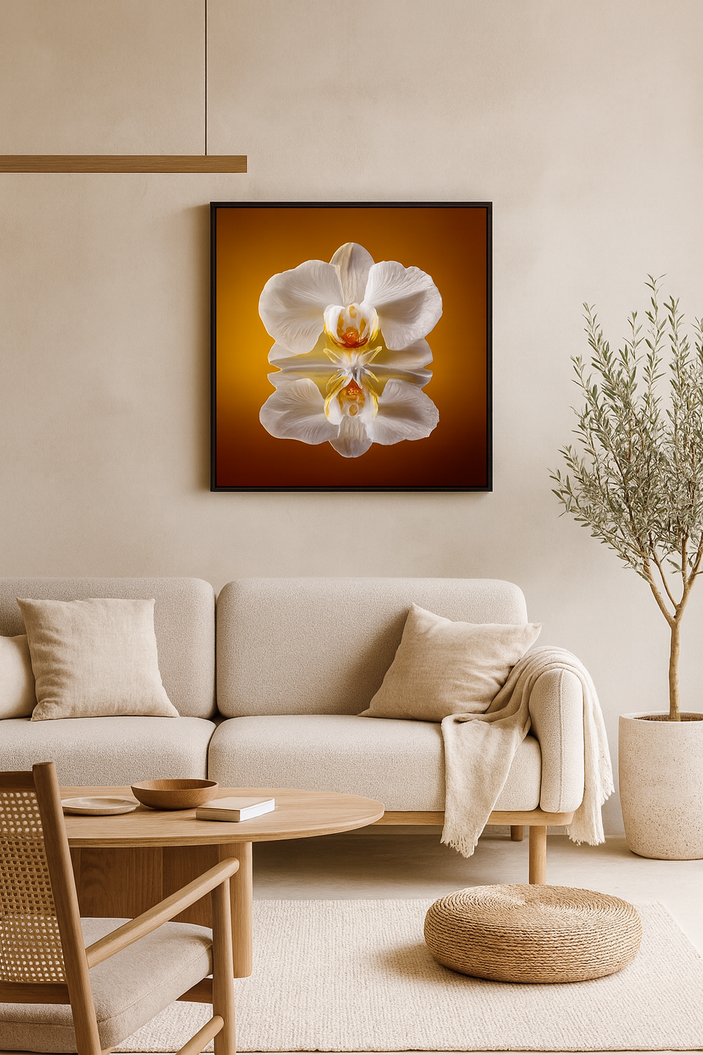 Japandi-inspired living room interior featuring the Floral Reflection wall art — a symmetrical white orchid print on a warm golden background