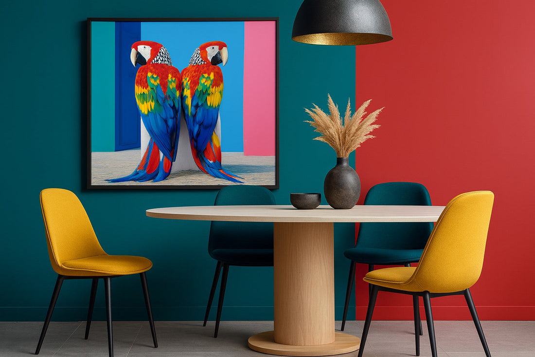 Maximalist interior of dining room with bold vibrant animal wall print