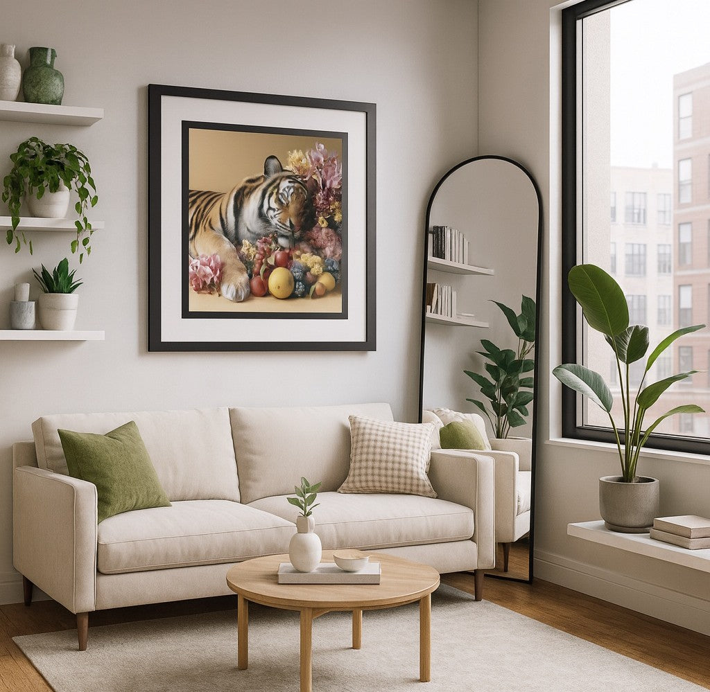 Soft pastel safari animal wall art print of a tiger in a neutral city apartment room 