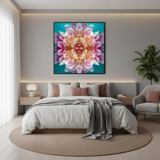 Peony Aqua Floral Wall art print in pastel pink and teal in boho bedroom