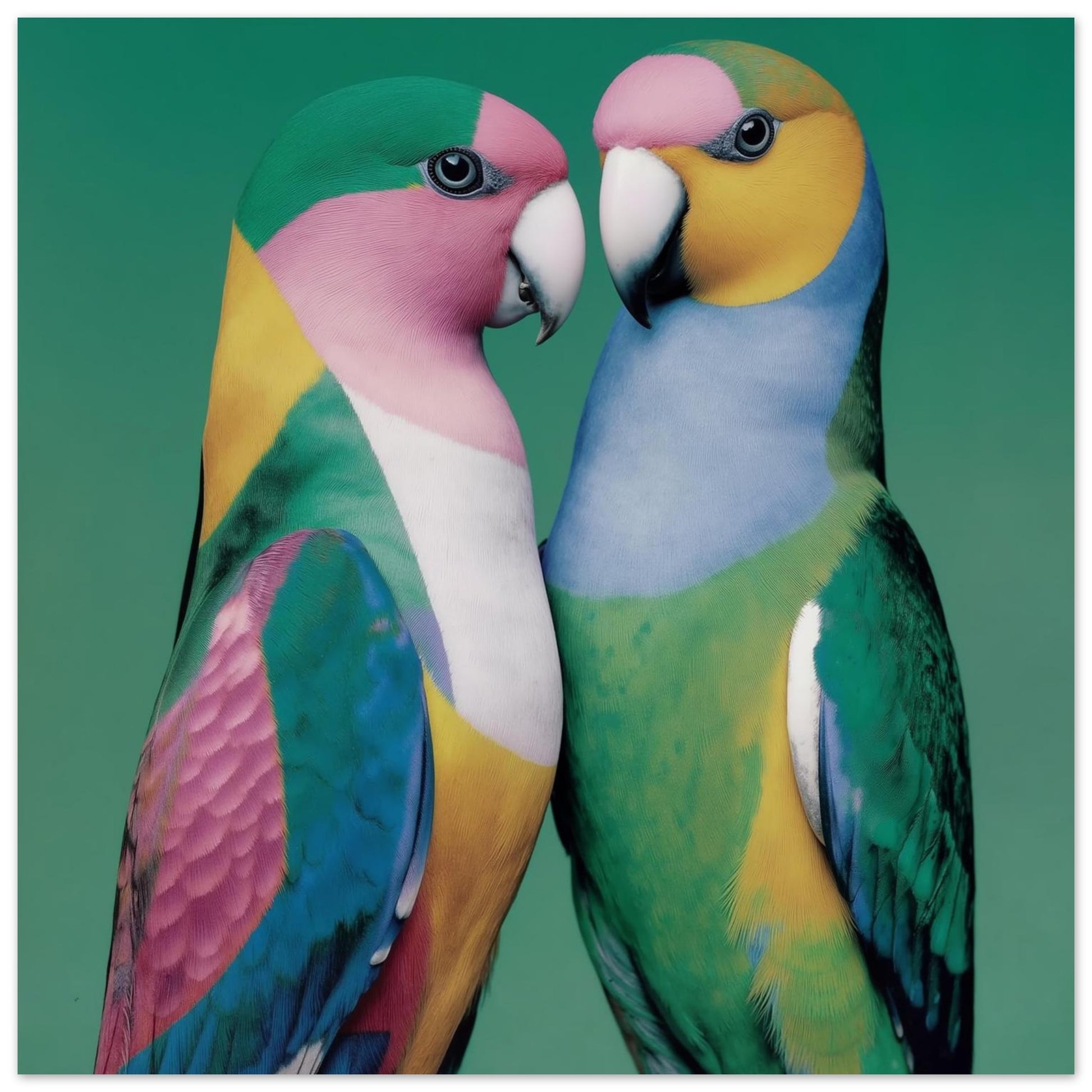 Abstract colorful birds parrots green blue pink wall art poster print for home decor close up