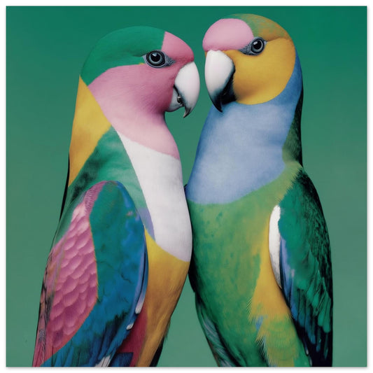 Abstract colorful birds parrots green blue pink wall art poster print for home decor close up