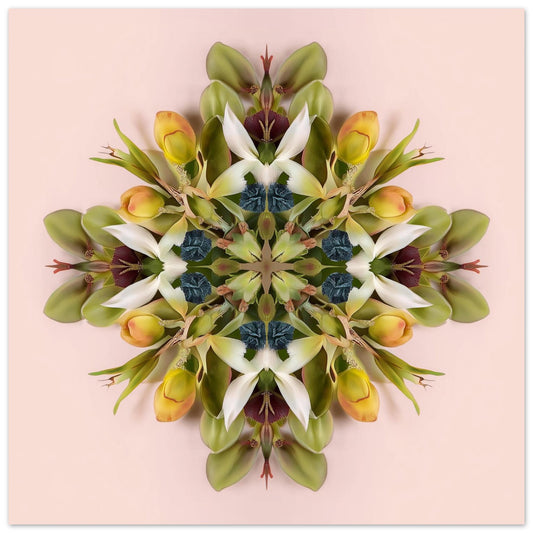 Floral Mandala print – green and pink blooms arranged in a circular kaleidoscope, modern floral wall art  close up