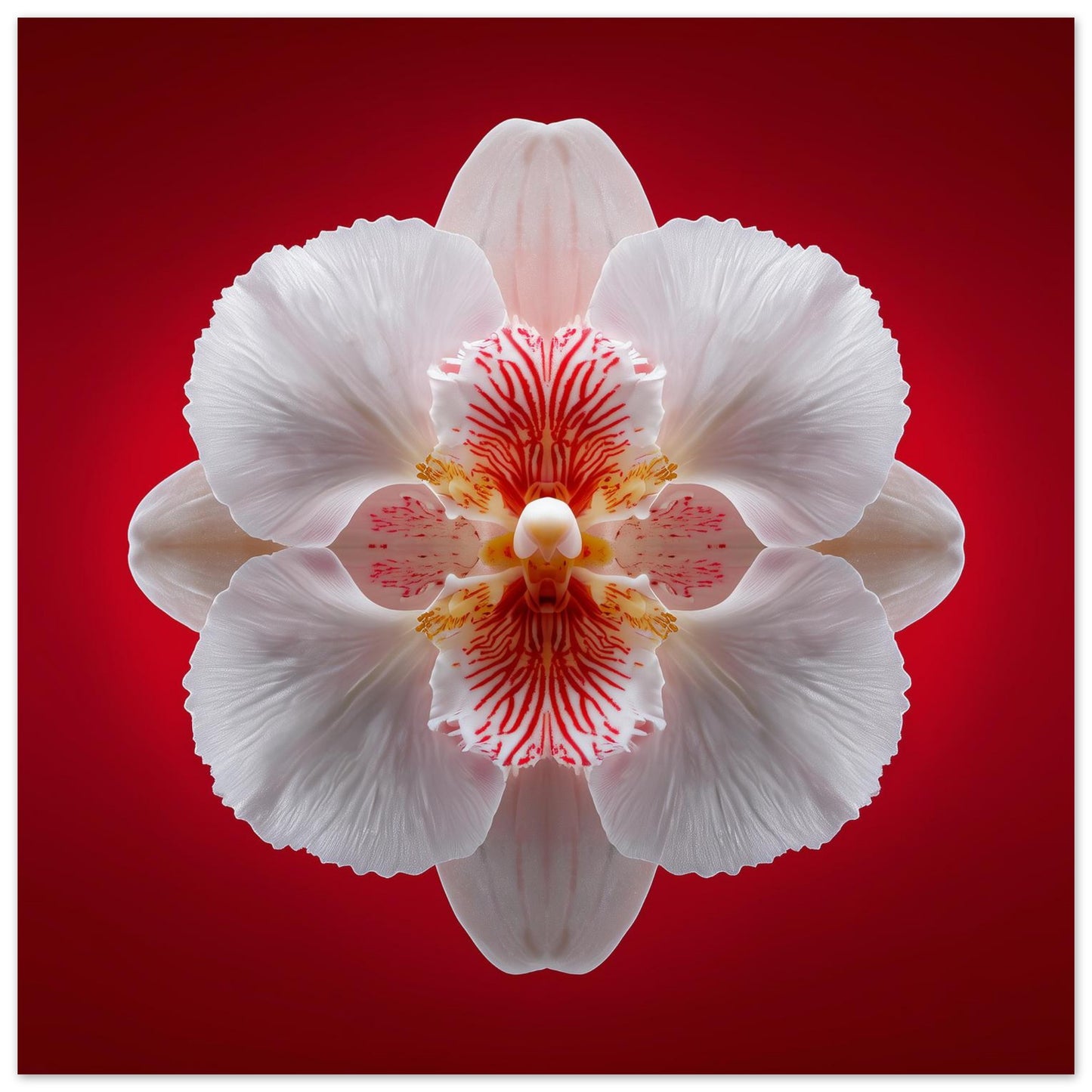 Scarlet Bloom print – bold red backdrop with white orchid in mirrored form, dramatic botanical artwork close up