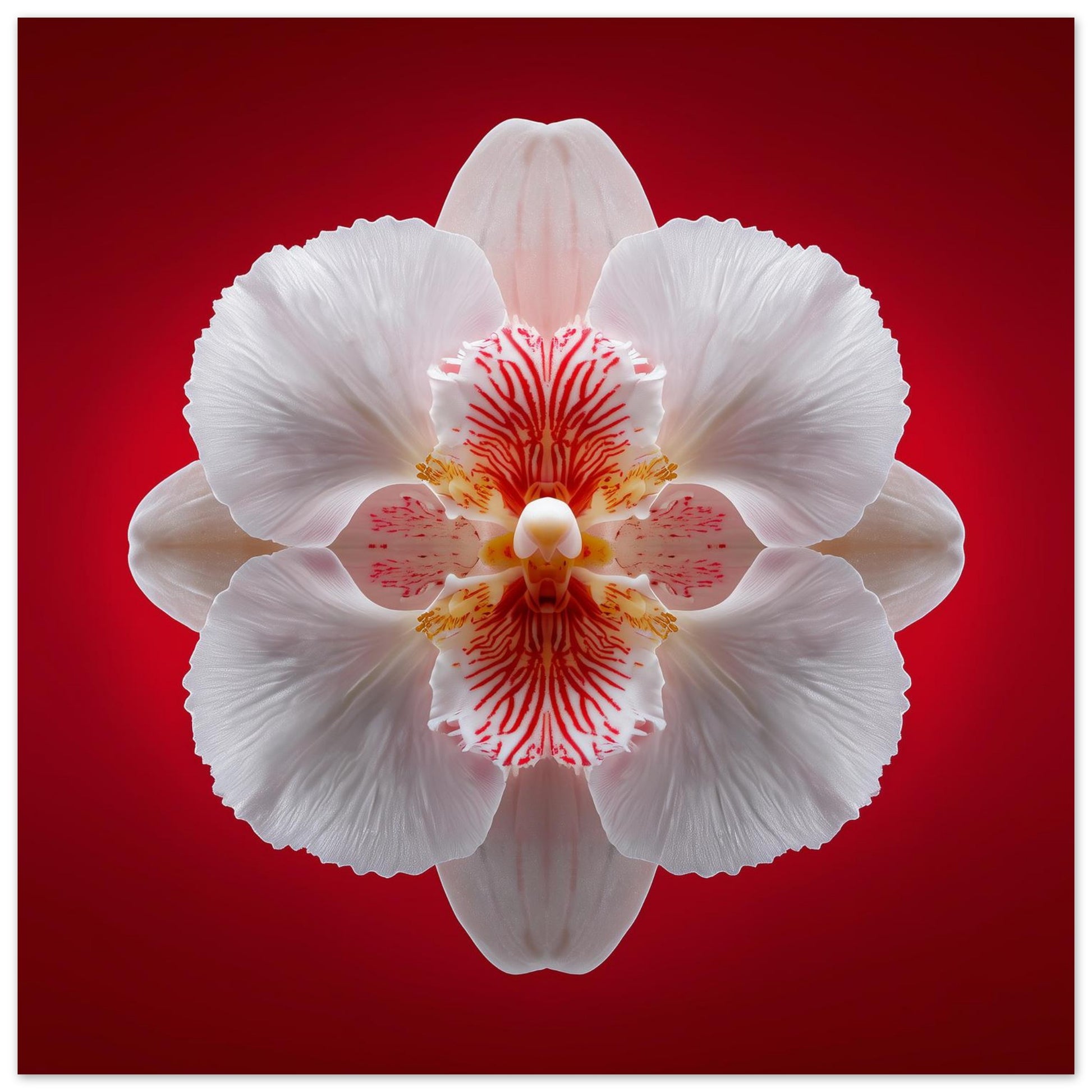 Scarlet Bloom print – bold red backdrop with white orchid in mirrored form, dramatic botanical artwork close up