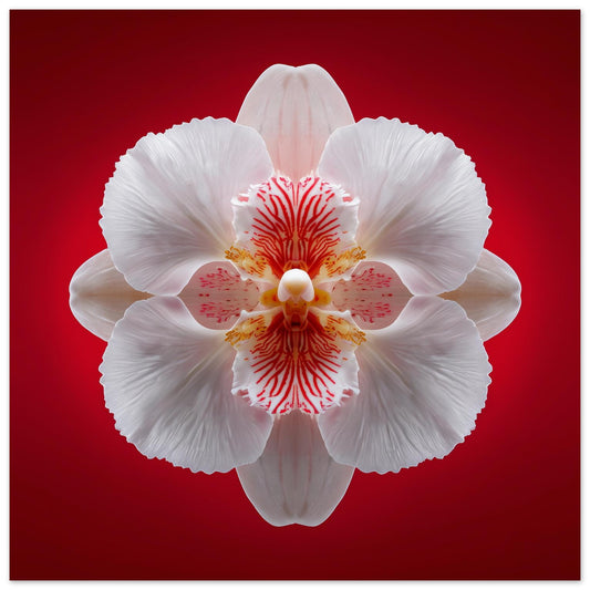 Scarlet Bloom print – bold red backdrop with white orchid in mirrored form, dramatic botanical artwork close up