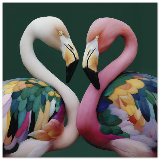 Bright pink flamingo abstract wall art print with geometric shapes for stylish tropical interiors close up