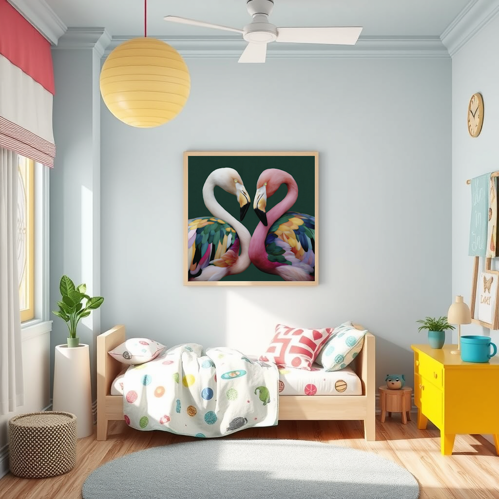 Children's room nursery a Framed Bright pink flamingo green abstract wall art print with geometric shapes for stylish tropical interiors 